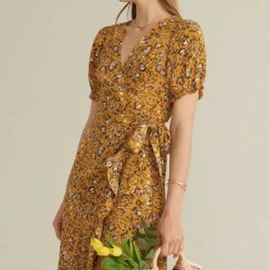 SHEIN Yellow Puff Sleeve Wrap Midi Dress